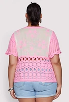 Womens Plus Size Scalloped Crochet Top, Pink, Size 3X