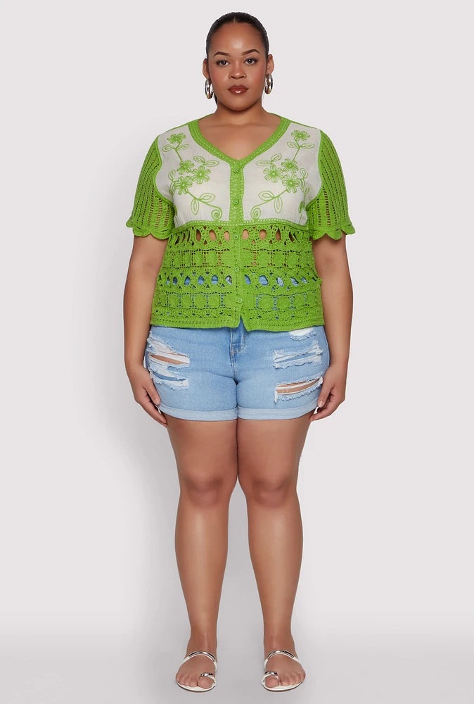 Womens Plus Size Scalloped Crochet Top, Green, Size 2X