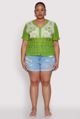 Womens Plus Size Scalloped Crochet Top, Green, Size 2X