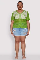 Womens Plus Size Scalloped Crochet Top, Green, Size 2X