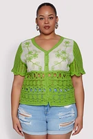 Womens Plus Size Scalloped Crochet Top, Green, Size 2X