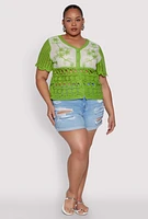 Womens Plus Size Scalloped Crochet Top, Green, Size 2X