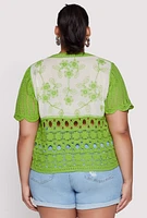 Womens Plus Size Scalloped Crochet Top, Green, Size 2X