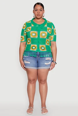 Womens Plus Boho Crochet Fringe Shirt,