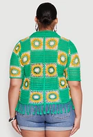 Womens Plus Boho Crochet Fringe Shirt,