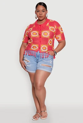 Womens Plus Size Boho Crochet Fringe Shirt, Pink, Size 1X