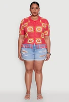 Womens Plus Size Boho Crochet Fringe Shirt, Pink, Size 1X