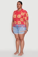Womens Plus Size Boho Crochet Fringe Shirt, Pink, Size 1X