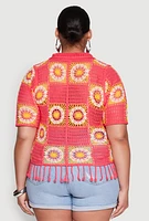 Womens Plus Size Boho Crochet Fringe Shirt, Pink, Size 1X