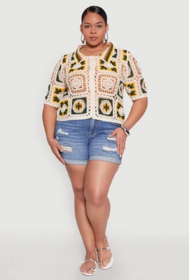 Womens Plus Boho Crochet Shirt, Multi,