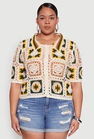 Womens Plus Boho Crochet Shirt, Multi,