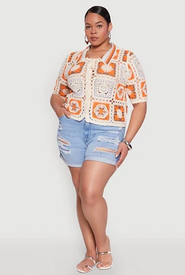 Womens Plus Boho Crochet Shirt, Multi,