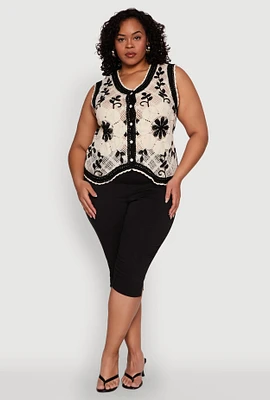 Womens Plus Size Floral Pattern Crochet Vest, Multi, Size 1X