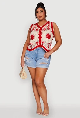 Womens Plus Size Floral Pattern Crochet Vest, Multi, Size 1X