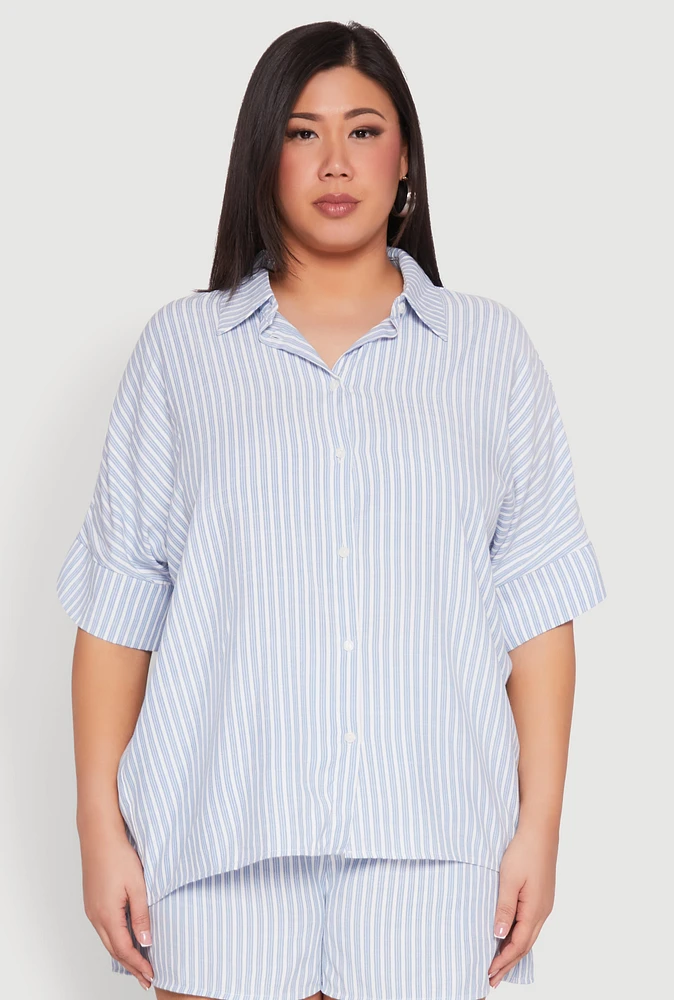 Womens Plus Size Striped Button Front Shirt, Blue, Size 2X