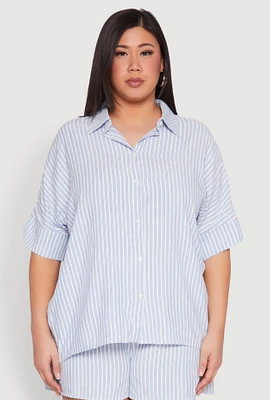 Womens Plus Size Striped Button Front Shirt, Blue, Size 2X