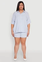 Womens Plus Size Striped Button Front Shirt, Blue, Size 3X