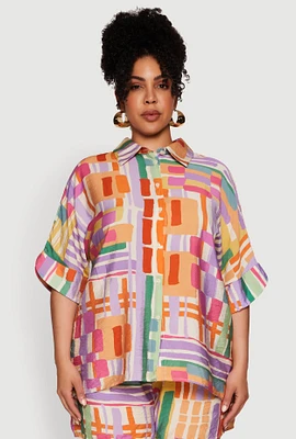 Womens Plus Size Abstract Geometric Patterned Crepe Knit Shirt, Multi, Size 2X