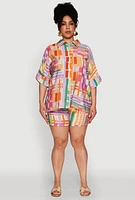 Womens Plus Size Abstract Geometric Patterned Crepe Knit Shirt, Multi, Size 2X