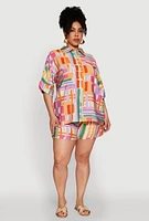 Womens Plus Size Abstract Geometric Patterned Crepe Knit Shirt, Multi, Size 2X