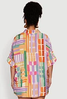 Womens Plus Size Abstract Geometric Patterned Crepe Knit Shirt, Multi, Size 2X