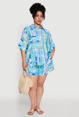 Womens Plus Size Trendy Patterned Crepe Knit Shorts, Blue, Size 1X