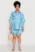 Womens Plus Size Trendy Patterned Crepe Knit Shorts, Blue, Size 1X