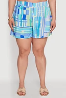 Womens Plus Size Trendy Patterned Crepe Knit Shorts, Blue, Size 1X