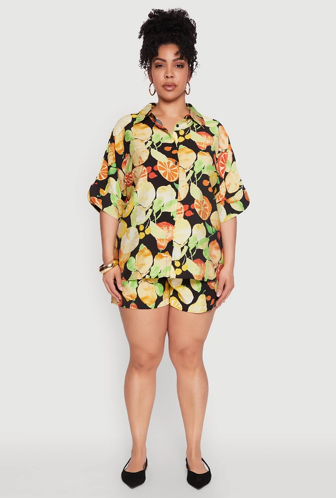 Womens Plus Airy Fruit Print Shorts, Multi,