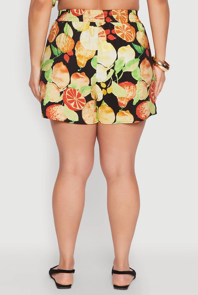 Womens Plus Airy Fruit Print Shorts, Multi,
