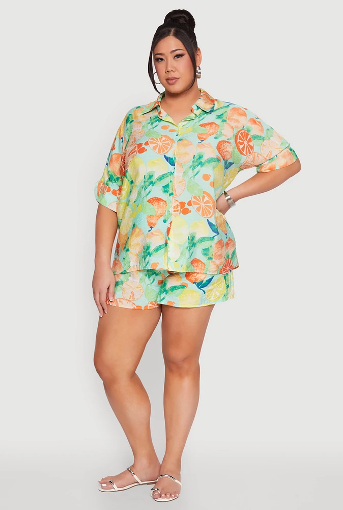 Womens Plus Airy Fruit Print Shorts, Multi,