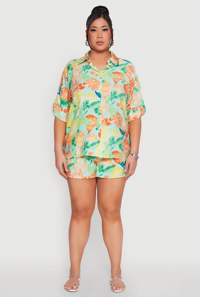 Womens Plus Airy Fruit Print Shorts, Multi,