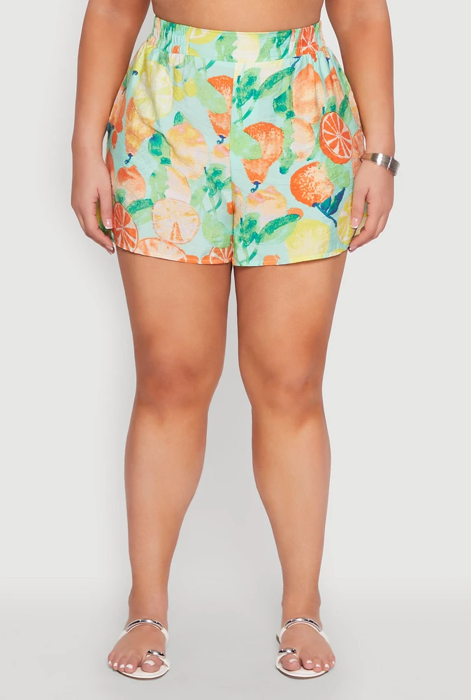 Womens Plus Airy Fruit Print Shorts, Multi,