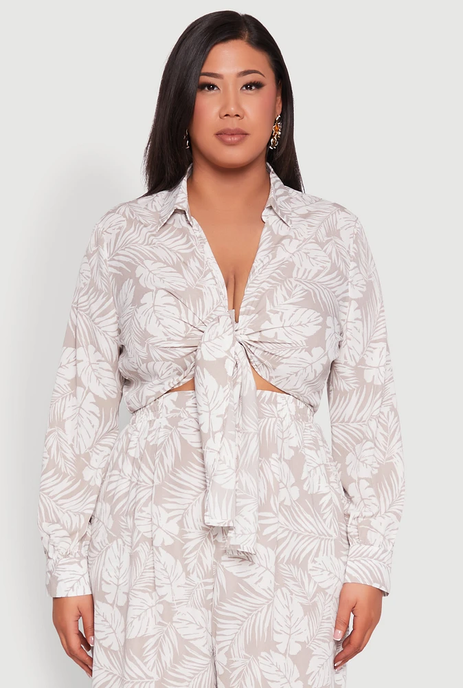 Womens Plus Size Airy Leaf Print Tie Front Crop Top, Multi, Size 2X