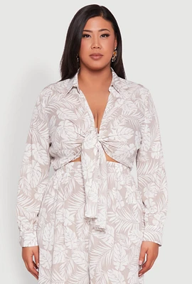 Womens Plus Size Airy Leaf Print Tie Front Crop Top, Multi, Size 2X