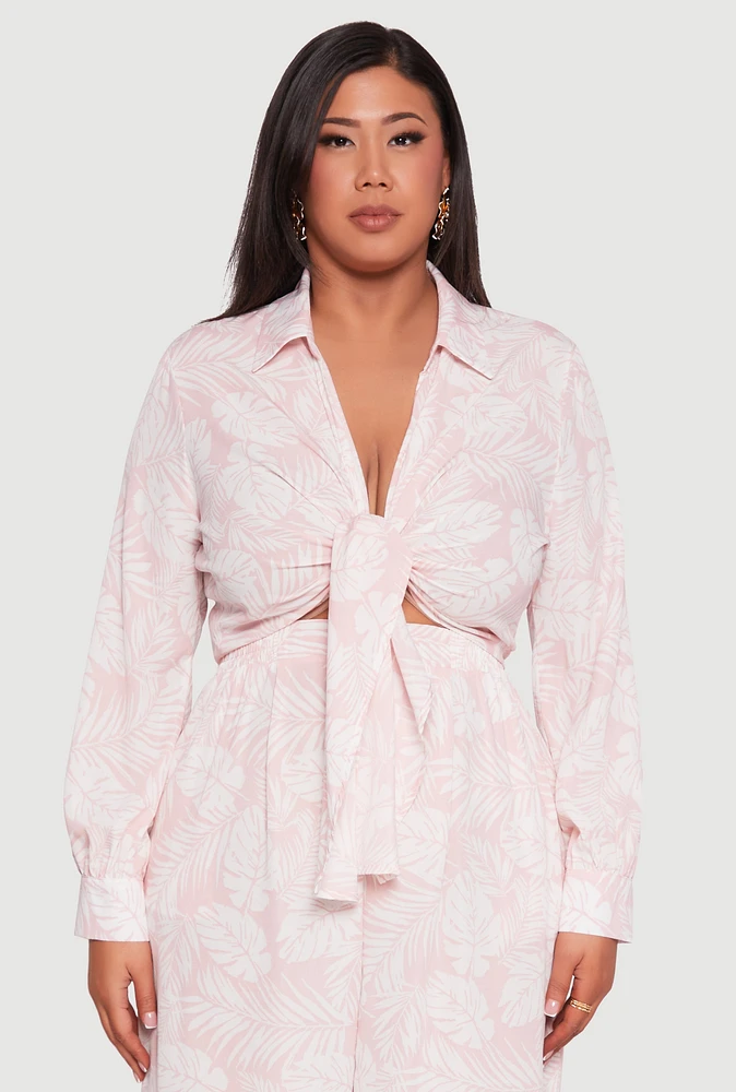 Womens Plus Size Airy Leaf Print Tie Front Crop Top, Pink, Size 3X
