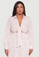 Womens Plus Size Airy Leaf Print Tie Front Crop Top, Pink, Size 3X