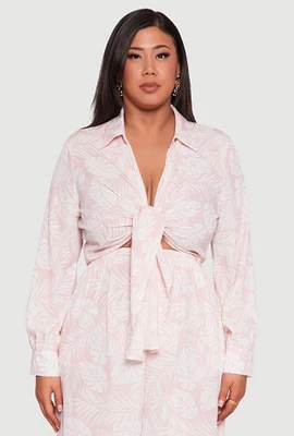 Womens Plus Size Airy Leaf Print Tie Front Crop Top, Pink, Size 3X