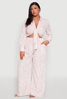 Womens Plus Size Airy Leaf Print Tie Front Crop Top, Pink, Size 3X