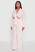 Womens Plus Size Airy Leaf Print Tie Front Crop Top, Pink, Size 3X