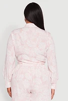 Womens Plus Size Airy Leaf Print Tie Front Crop Top, Pink, Size 3X