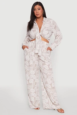 Womens Plus Size Airy Leaf Print Palazzo Pants, Multi, Size 1X
