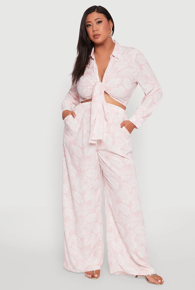 Womens Plus Size Airy Leaf Print Palazzo Pants, Pink, Size 1X