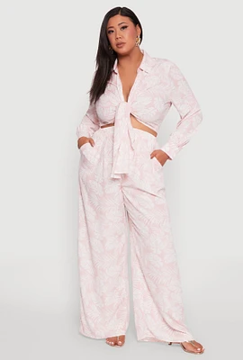 Womens Plus Size Airy Leaf Print Palazzo Pants, Pink, Size 1X