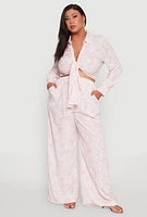 Womens Plus Size Airy Leaf Print Palazzo Pants, Pink, Size 1X
