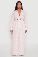 Womens Plus Size Airy Leaf Print Palazzo Pants, Pink, Size 1X