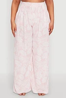 Womens Plus Size Airy Leaf Print Palazzo Pants, Pink, Size 1X