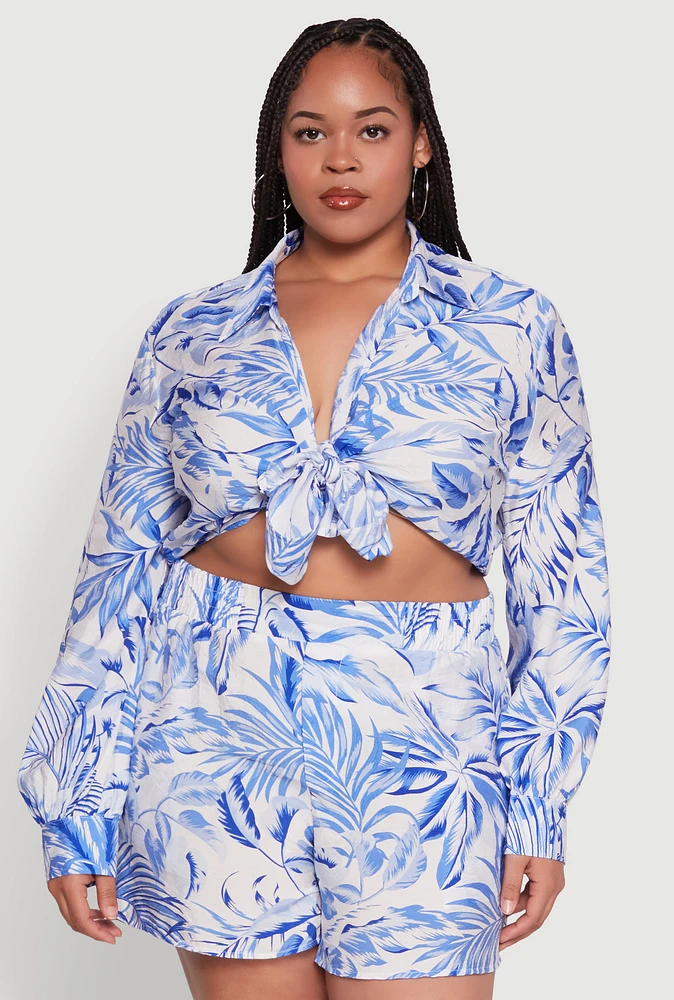 Womens Plus Size Tropical Floral Tie Front Long Sleeve Crop Top, Blue, Size 2X