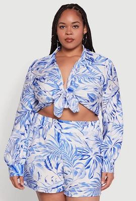 Womens Plus Size Tropical Floral Tie Front Long Sleeve Crop Top, Blue, Size 2X