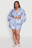 Womens Plus Size Tropical Floral Tie Front Long Sleeve Crop Top, Blue, Size 2X